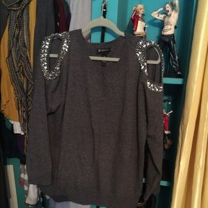 Gray cold shoulder jeweled sweater